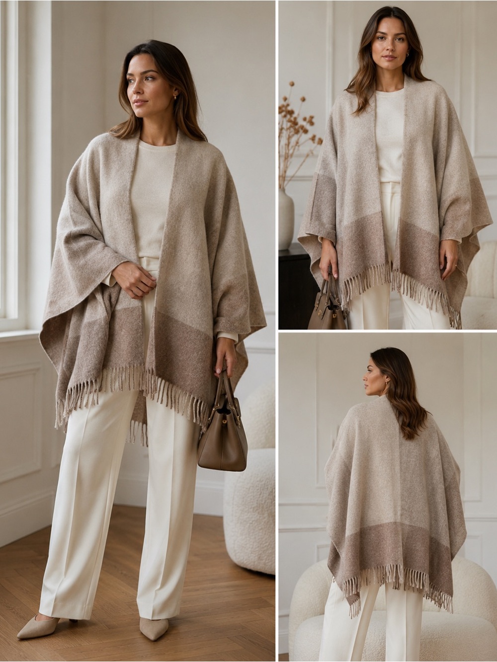 NWT Sezane Taupe Beige Fringe-Trim Open Poncho Sweater Women S M L XL
